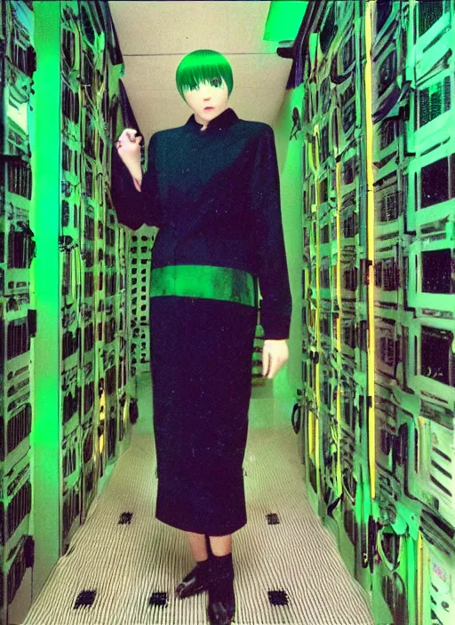 Prompt: shiki eiki, bobbed and bowl cut hair, green hair color, standing in a server room, wearing business casual dress, 4 k, vaporwave, cinecolor, bladerunner style