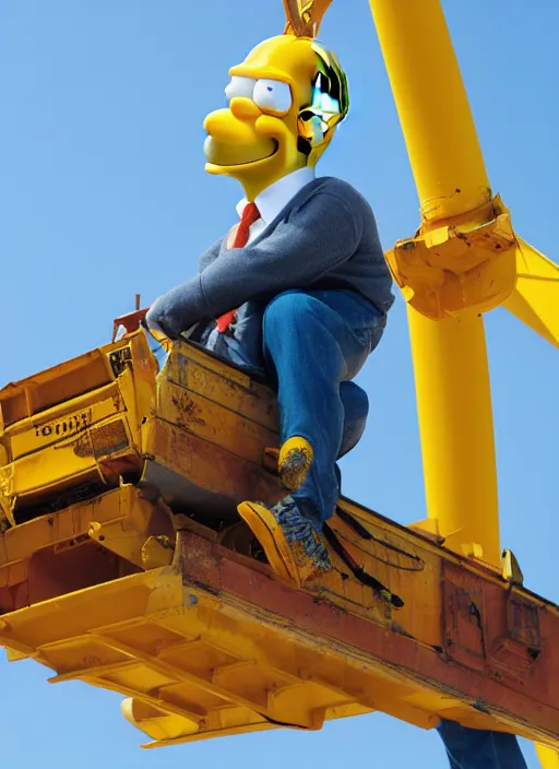 Image similar to closeup portrait of cheerful homer simpson as a crane operator, yellow hardhat, sitting in a crane, natural light, bloom, detailed face, magazine, press, photo, steve mccurry, david lazar, canon, nikon, focus