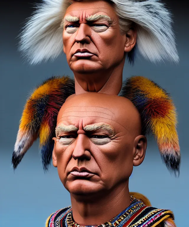 Image similar to hyperrealistic mixed media painting of Donald Trump as a Navajo doll, stunning 3d render inspired art by P. Craig Russell and Barry Windsor-Smith + perfect facial symmetry + dim volumetric lighting, ornate gothic armor, head and shoulders, d&d, arms crossed, serious expression, 8k octane beautifully detailed render, post-processing, extremely hyperdetailed, intricate, epic composition, grim yet sparkling atmosphere, cinematic lighting + masterpiece, trending on artstation, very very detailed, masterpiece, stunning