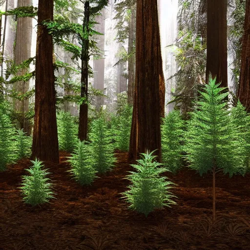 Prompt: a forest of marijuana plants the size of coastal redwood trees 4 k photorealism hd