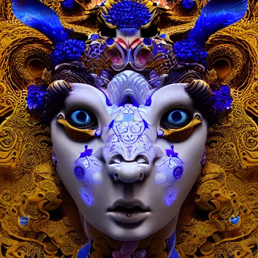 Image similar to 3 d goddess fractal close - up frontal portrait with ram golden skull. beautiful intricately detailed japanese fractal kitsune mask and clasical japanese kimono. betta fish, jellyfish fractal, bio luminescent, plasma, ice, water, wind, creature, mandelbulb, fractal, artwork by tooth wu and wlop and beeple and greg rutkowski