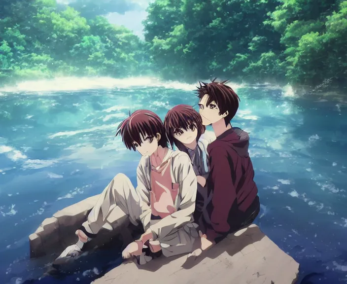 Image similar to anime key visual of a young man anime and young woman anime sitting together on one single boat. Romantic. Girl has auburn hair. Boy has short black hair. Narrow river in a forest, rocky shore, trees, shady, blue waters, ripples, waves, reflections, details, sharp focus, illustration, by Jordan Grimmer and greg rutkowski, Trending artstation, pixiv, digital art