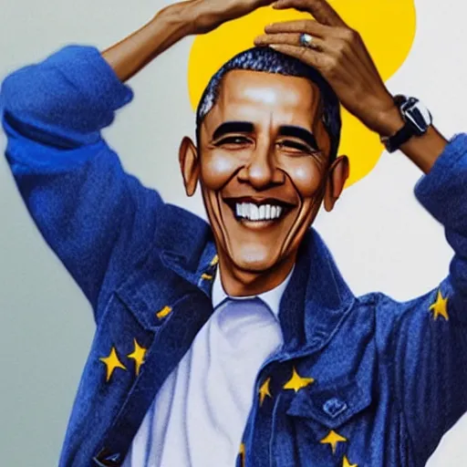 Image similar to realistic photo of casual barack obama wearing a royal blue varsity jacket with yellow sleeves