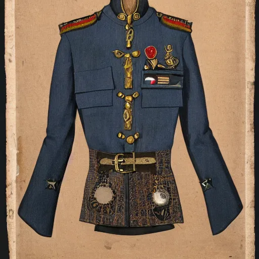 Prompt: middle aged halforc wearing a patchwork military uniform jacket with cut sleeves and many charms and baubles worked into the fabric, with an upturned collar. full sleeve rune tattoos thin fangs show through his lower jaw with a bemused smile. blue grey intelligent eyes. 1 9 th century style