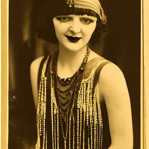 Prompt: a portrait photo of a 1 9 2 0 s woman with a slight smile in a flapper dress, highly detailed, dark, atmospheric, lovecraft