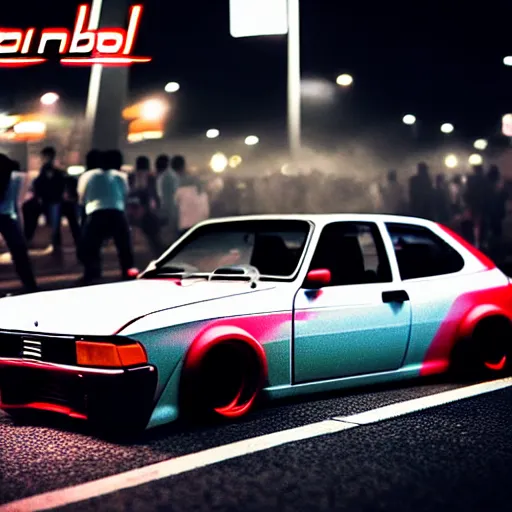 Image similar to a car S30 turbo drift at illegal car meet, shibuya prefecture, midnight mist streetlights, color grade, photorealistic, highly detailed wheels, highly detailed