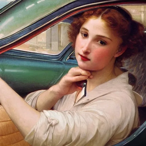 Image similar to an oil painting of an angel driving a 1950s car ordering in drive through, interior view, by Bouguereau, highly realistic and intricate