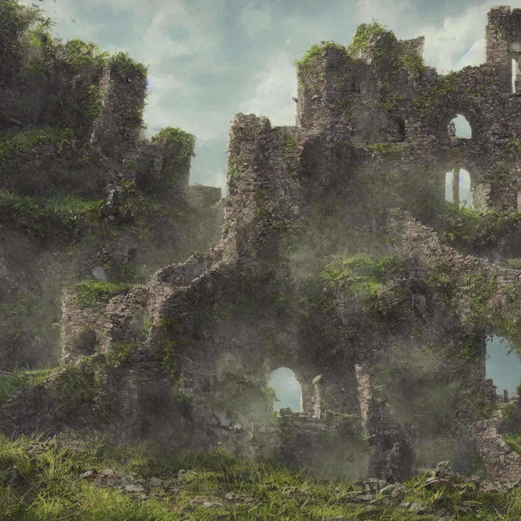 Image similar to looking up at a ruined castle on a small island only reachable by a small land bridge, 8 k, ultra realistic cinematic, intricate, cinematic light, concept art, illustration, art station