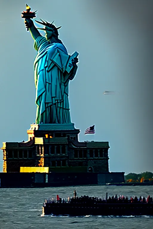 Prompt: giant sea creature devouring the statue of liberty, end of days, action horror cinema.