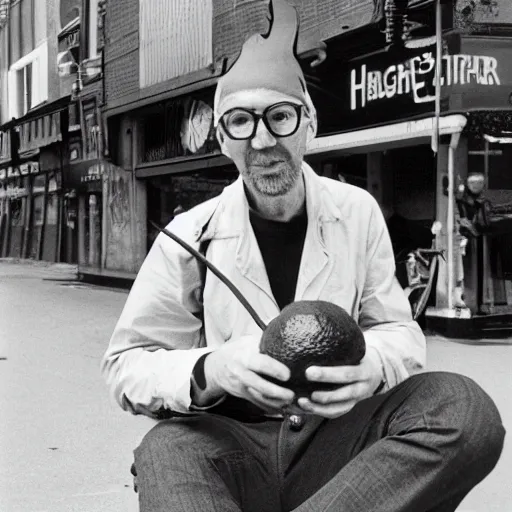 Image similar to photograph of hugh hopper on a street corner eating an orange holding a pepsi