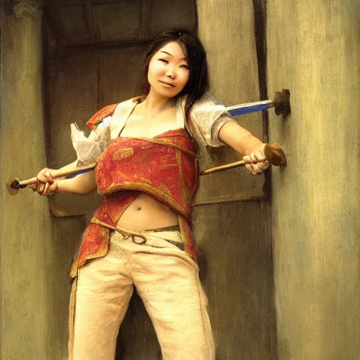 Prompt: a medieval carpenter, asian female, athletic, relaxing after work, candid, fantasy character portrait by gaston bussiere, craig mullins