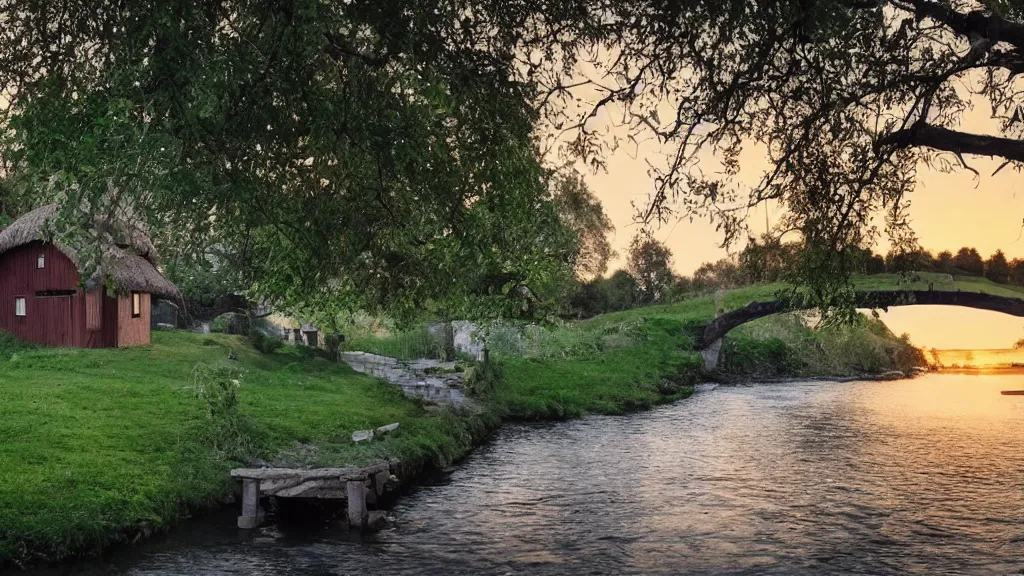 Image similar to small wooden cottage by the river, a tree with vines wrapped around it, two crows on the tree, tranquility, arch stone bridge over the river, an old man riding a horse on the bridge, sunset