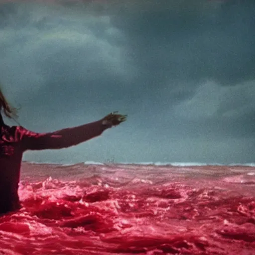 Image similar to the anti - christ rising from a red ocean. photograph from a horror movie.