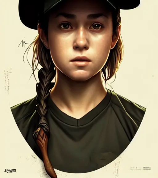 Image similar to symmetry ( clementine from the walking dead wearing her iconic baseball ( letter d ) hat portrait ) ultra detailed, intricate, anime, dynamic lighting, digital art, digital painting, art station, wlop, sharp focus, illustration, art by artgerm and greg rutkowski and alphonse mucha