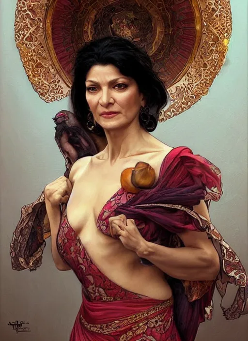 Image similar to Shohreh Aghdashloo as feisty Iranian woman, tasteful portrait, intricate, elegant, highly detailed, centered, digital painting, artstation, concept art, smooth, sharp focus, illustration, art by artgerm and donato giancola and alphonse mucha