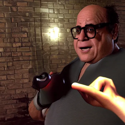 Image similar to videogame screenshot of danny devito in the darkness 2 ( 2 0 1 2 )