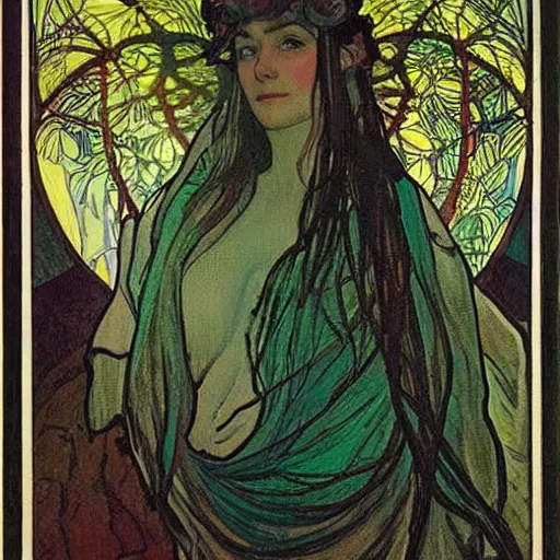 Image similar to the forest king, painted by alfons mucha