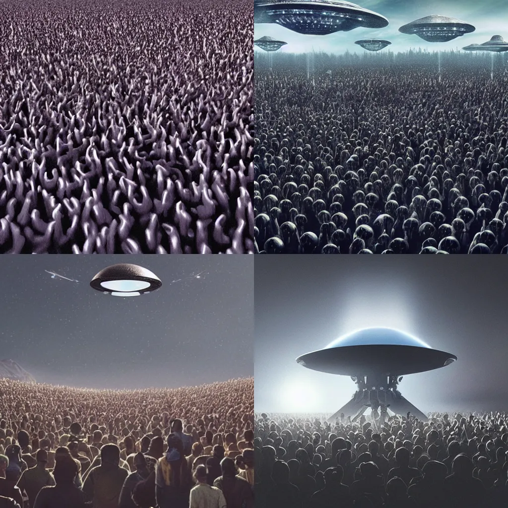 Prompt: “aliens leading crowd of people into ufo, photorealistic 4k”