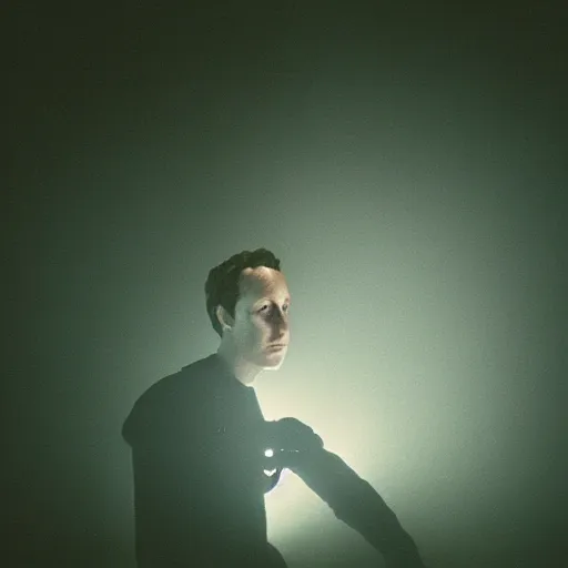 Image similar to dark zuckerberg performing the dark sacrament, hyperrealistic film still, smoke, steam, dramatic low lighting, ominous, cinestill 8 0 0 t