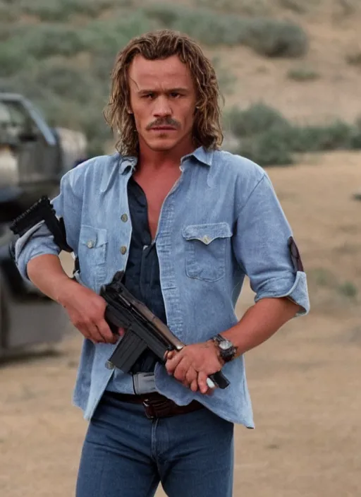 Prompt: film still of Heath Ledger as Martin Riggs in Lethal Weapon, 4k