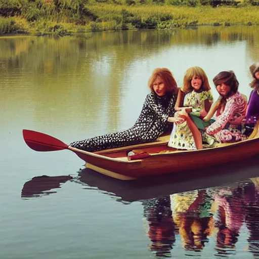 Image similar to lavish by keith parkinson. the experimental art of a group of well - dressed women & children enjoying a leisurely boat ride on a calm day. the women are chatting & laughing while the children play with a toy boat in the foreground.