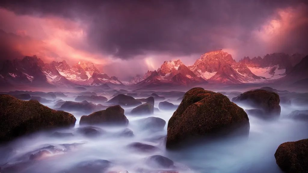 Image similar to amazing landscape photo by marc adamus, beautiful dramatic lighting