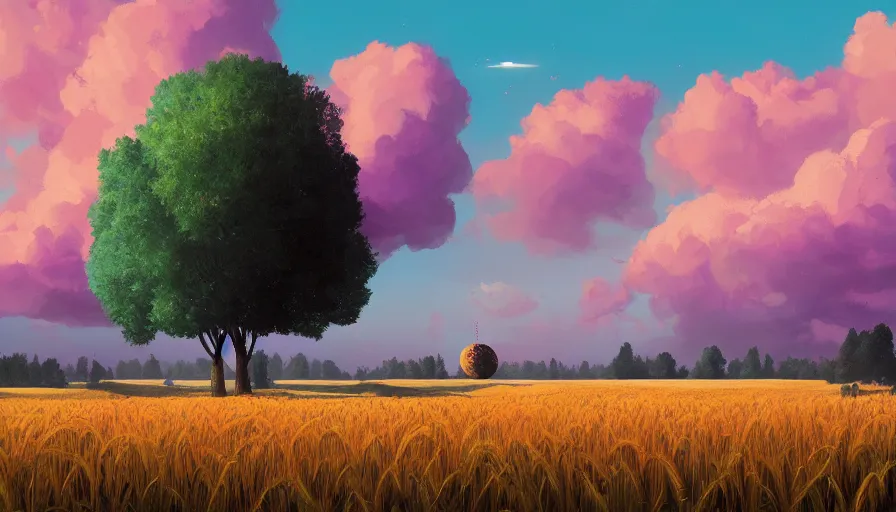 Image similar to colourful sky, wheat field, radio telescope, big trees, matte painting, art station, digital art, simon stalenhag