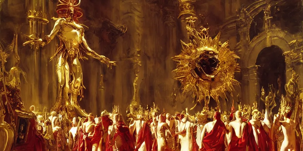 Image similar to beautiful oil painting, high details, alien in royal crimson robes enthroned as the alien god emperor of ancient civilization surrounded by servants in gilded halls a golden wreath upon his head, by anders zorn, wonderful masterpiece by greg rutkowski, beautiful cinematic light, american romanticism, by giger, rolf armstrong, ernie barnes, thomas lawrence, greg rutkowski