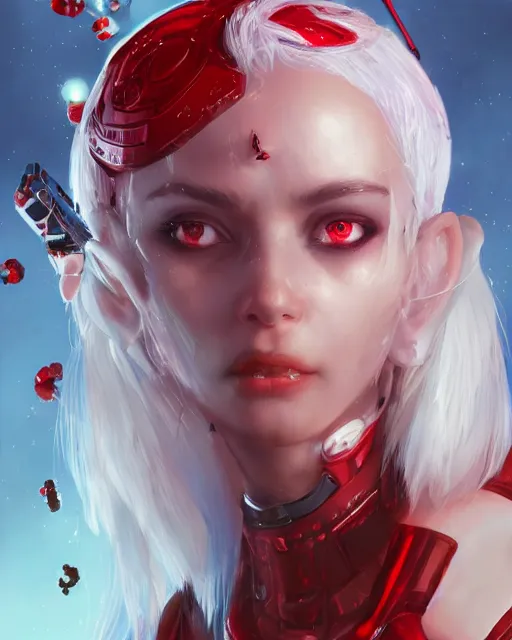 Image similar to cyborg girl with white hair and red clothes, alien hive, honey decorations, dreamy, beautiful illustration, scifi, radiant, atmosphere, harmony, top lighting, blue eyes, focused, perfect composition, artstation, highly detailed, art by yuhong ding and chengwei pan and serafleur and ina wong