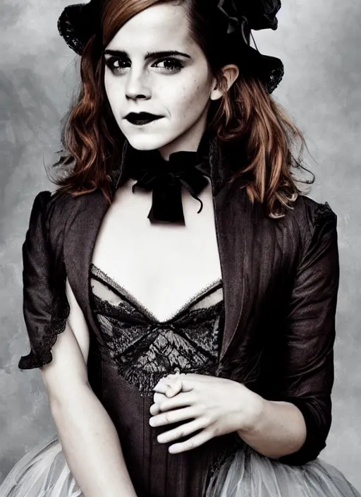 Image similar to Emma Watson for Victorian Secret as dark goth, perfect face, hot summertime, full length shot, XF IQ4, 150MP, 50mm, f/1.4, ISO 200, 1/160s, natural light, Adobe Photoshop, Adobe Lightroom, DxO Photolab, Corel PaintShop Pro, rule of thirds, symmetrical balance, depth layering, polarizing filter, Sense of Depth, AI enhanced