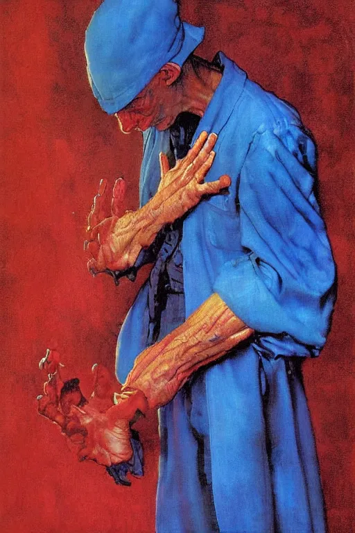Prompt: A character study of an evil sorcerer with blue energy glowing from his hands, he has a red hat, by norman rockwell, loish, greg rutkwoski, high detail