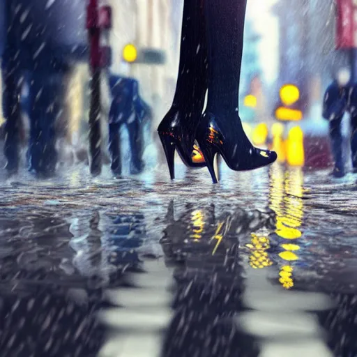 Prompt: close up of a womans high-heel shoe stepping into a shallow rain puddle on a busy crosswalk, by Leonid Afremov, reflections, matte painting, hyperrealism