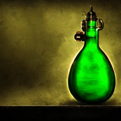Prompt: a steampunk painting of a vintage yellow green steampunk poison potion bottle, lit by a single ray of sunlight in a dark dusty vintage science lab, by h. r. giger, hyperrealistic fantasy art, concept matte, ethereal, dreamy, digital art, trending on artstation, volumetric cinematic lighting