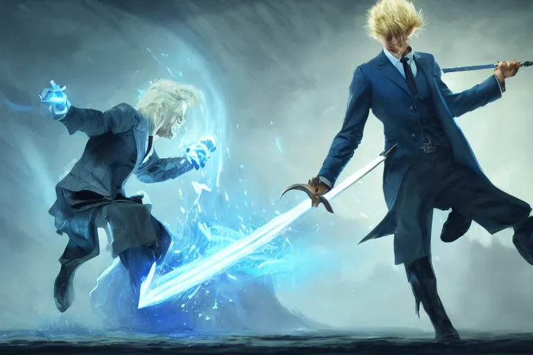 Prompt: a blond man in a blue suit swinging a sword against a fighter with a rune blade and no armor, d & d, heartstone, digital painting, volumetric light, intricate, sharp, focus, bloom, illustration, highly detailed, concept art, matte, ruan jia, randy vargas, greg rutkowski