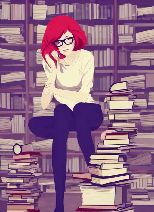 Prompt: a young woman with red hair and glasses sits on top of a tall pile of books. clean cel shaded vector art. shutterstock. behance hd by artgerm, helen huang, by makoto shinkai and lois van baarle, ilya kuvshinov, rossdraws, illustration, art by ilya kuvshinov