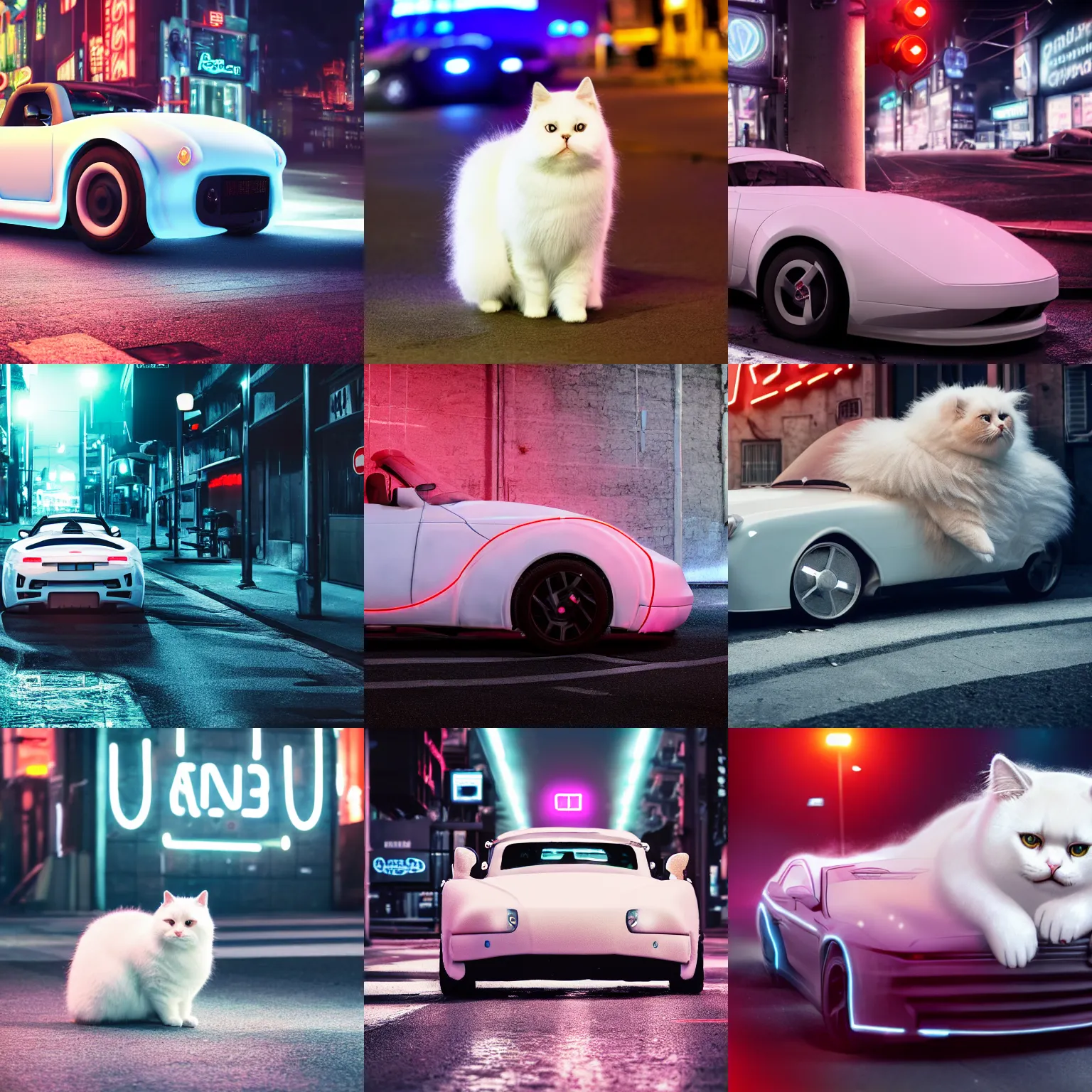 Prompt: a fluffy roadster covered with white fur and looked like a British Shorthair cat, parking in the street, Cyberpunk, neon light, front view, 4k, hd, highly detailed