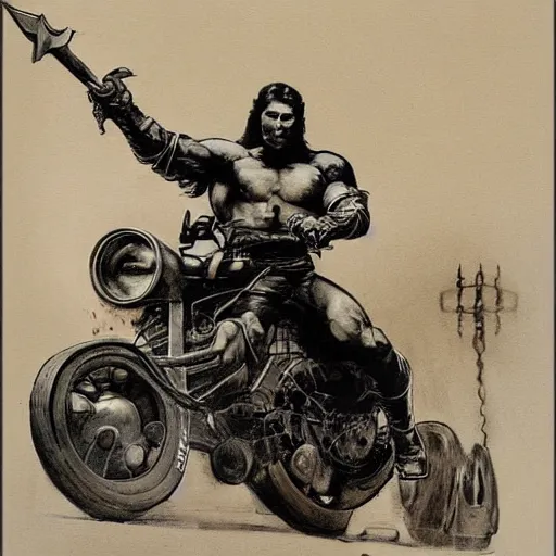 Prompt: into glory ride, artwork by Frank Frazetta, motorcycle, muscular man riding into battle holding sword