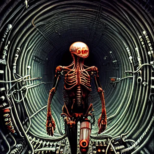 Image similar to ultra realist intricate detailed horror painting of a single rugged cyborg male in alien tunnel, cyborg tech on body and legs, accurate features, cyberpunk, industrial, apocalyptic, very intricate details, focus, high resolution, 8 k resolution, dramatic lighting, artstyle zdzisław beksinski, award winning