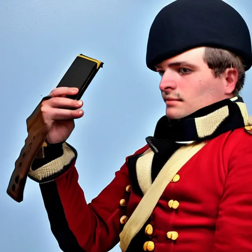 Prompt: a napoleonic infantryman taking a selfie, in the style of a school book photo.