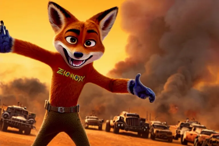 Image similar to nick wilde ( from zootopia ), heavily armed and armored facing down armageddon in a dark and gritty reboot from the makers of mad max : fury road