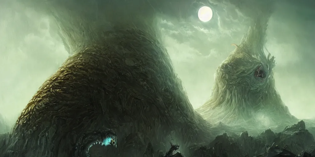 Prompt: concept art of giant kaiju, lovecraftian, cyclops, lots of teeth, melting horror, round moon, rich clouds, fighting the horrors of the unknown, mirrors, very detailed, volumetric light, mist, grim, fine art, decaying, textured oil over canvas, epic fantasy art, very colorful, ornate, anato finnstark