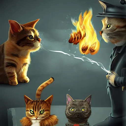 Image similar to war between cats and dogs, epic, digital, art, fire, smoke, suspense