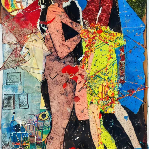 Image similar to two women kissing at a carnival in autumn, mixed media collage, retro, paper collage, magazine collage, acrylic paint splatters, bauhaus, claymation, layered paper art, sapphic visual poetry expressing the utmost of desires by jackson pollock