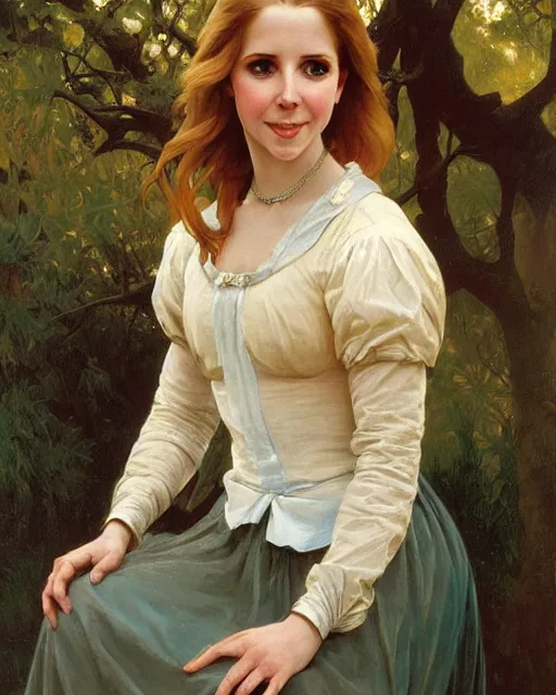 Prompt: a portrait painting of dana plato / eve plumb / anna kendrick hybrid oil painting, gentle expression, smiling, elegant clothing, scenic background, extremely detailed and lifelike, artgerm, greg rutkowski, alphonse mucha, vladimir volegov, adolphe bouguereaum, greg hildebrandt