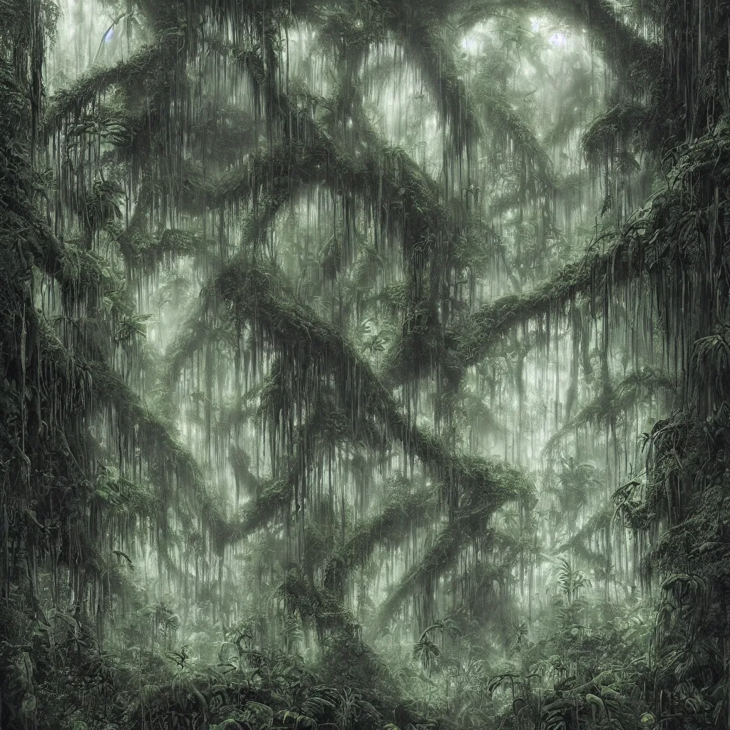 Image similar to a dark enchanted rainforest jungle at night, upward cinematic angle, thick mist, by rodney matthews, michael kaluta, bernie wrightston, and stephen gammell, ghostly low light, stunning composition, intricate, elegant, digital art, hyperdetailed, full color mixed media painting, hyperrealistic, sharp focus, 8k