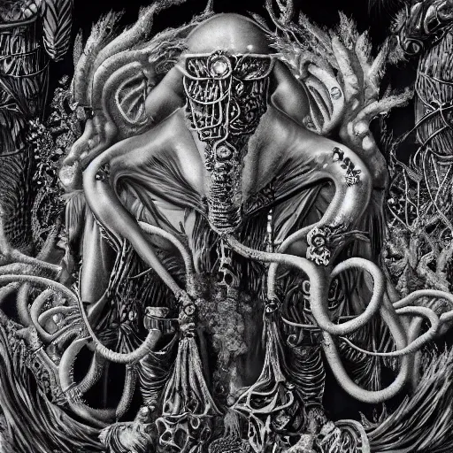 Prompt: Artwork by Ernst Haeckel of The Chitine King Hian the Demigod, master of Ice, and their hateful haunting of steam mephits and horrifying balors, who plan to take revenge on the party for a perceived wrong done to them long ago.