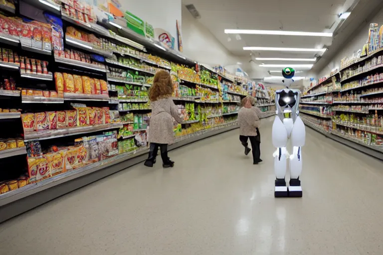 Image similar to photojournalism of sleek humanoid robot walking out of grocery store carrying paper grocery bags