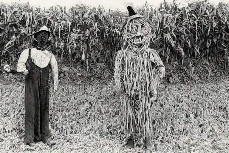 Prompt: horrifying scarecrow from the early 1 9 0 0's in the cornfields