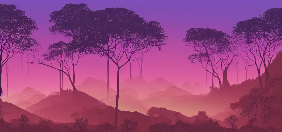 Image similar to a forested landscape, large hanging tree canopies, pink light on the horizon, mountains, vast foliage, by eyvind earle, volumetric lighting, flat color