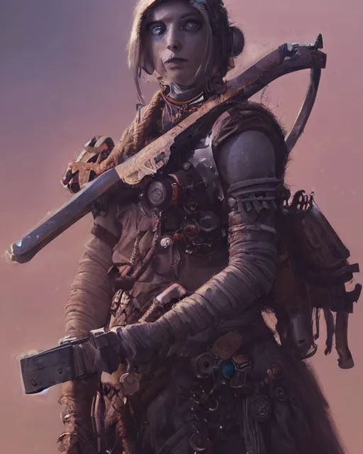 Image similar to hyper realistic portrait of postapocalyptic death cult monk cyborg girl with sword and shield, beads, gears, machineparts, cinematic, artstation, cgsociety, greg rutkowski, james gurney, mignola, craig mullins, brom vray, redshift, octane